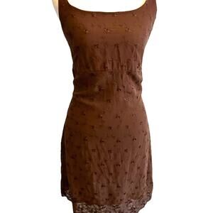 Vtg 90s Brown Mesh Dress Babydoll Lace Floral Detail Y2K Grunge Fairy Whimsy S